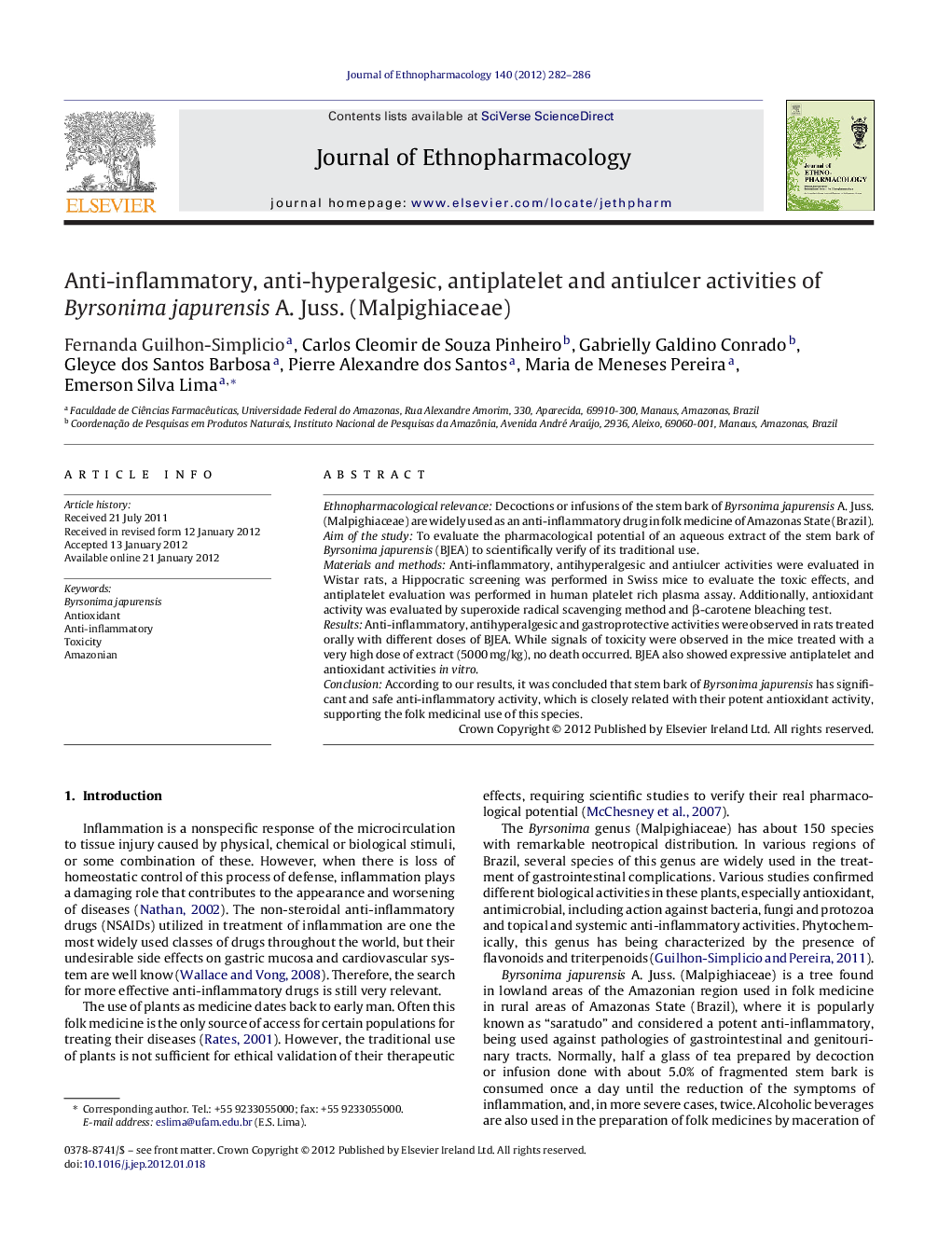 Anti-inflammatory, anti-hyperalgesic, antiplatelet and antiulcer activities of Byrsonima japurensis A. Juss. (Malpighiaceae)