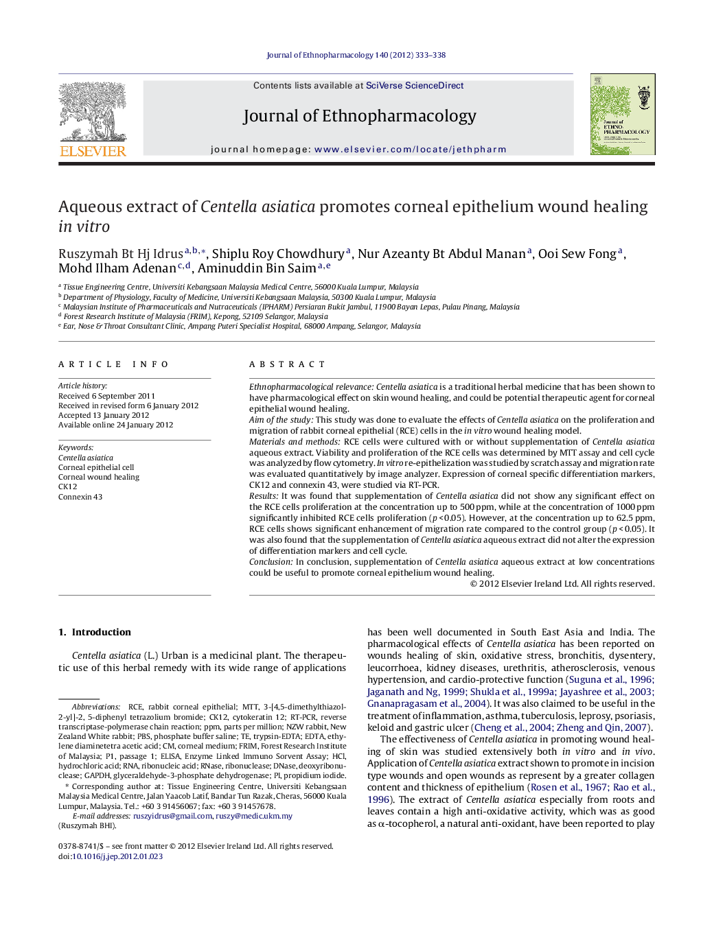 Aqueous extract of Centella asiatica promotes corneal epithelium wound healing in vitro