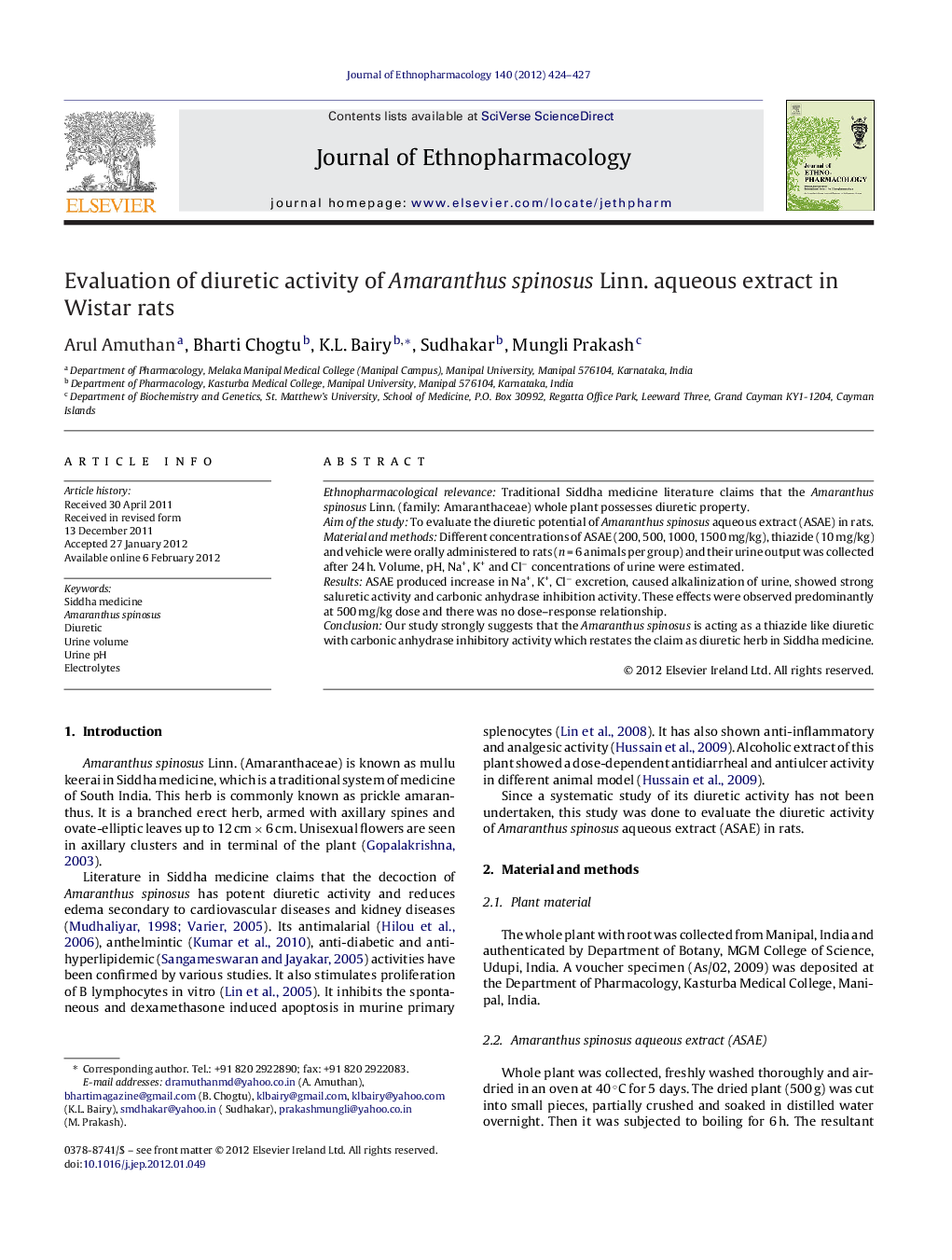 Evaluation of diuretic activity of Amaranthus spinosus Linn. aqueous extract in Wistar rats