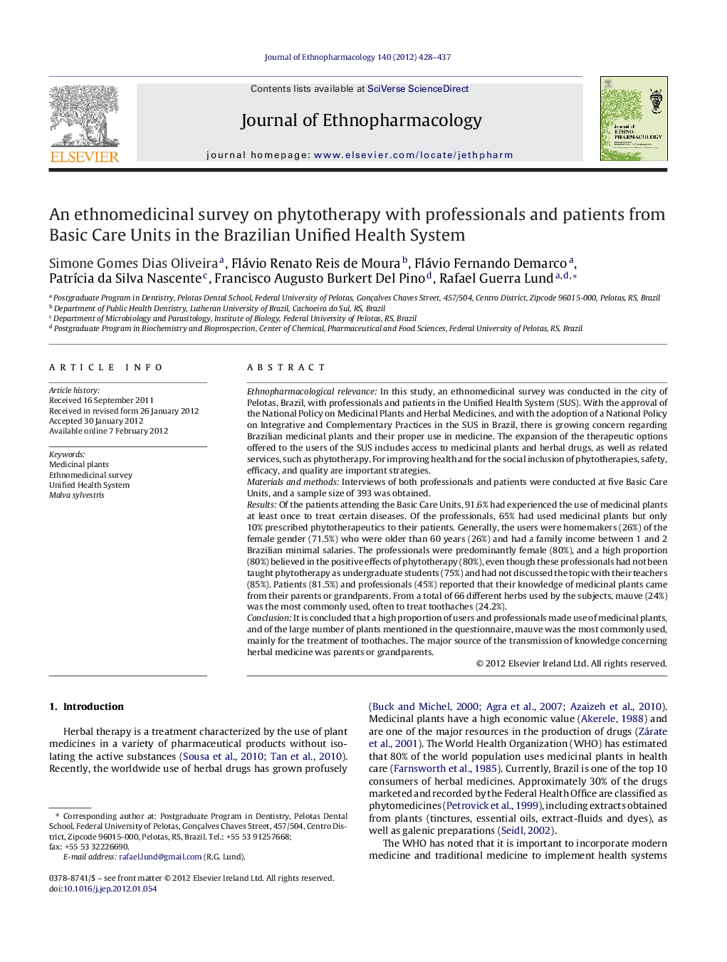 An ethnomedicinal survey on phytotherapy with professionals and patients from Basic Care Units in the Brazilian Unified Health System