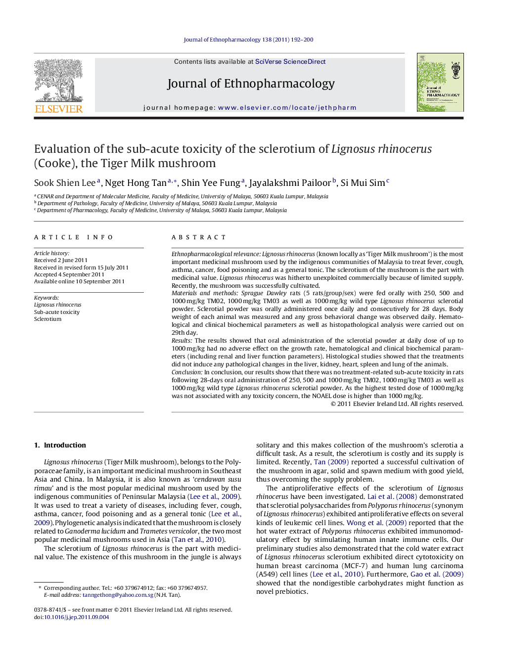 Evaluation of the sub-acute toxicity of the sclerotium of Lignosus rhinocerus (Cooke), the Tiger Milk mushroom