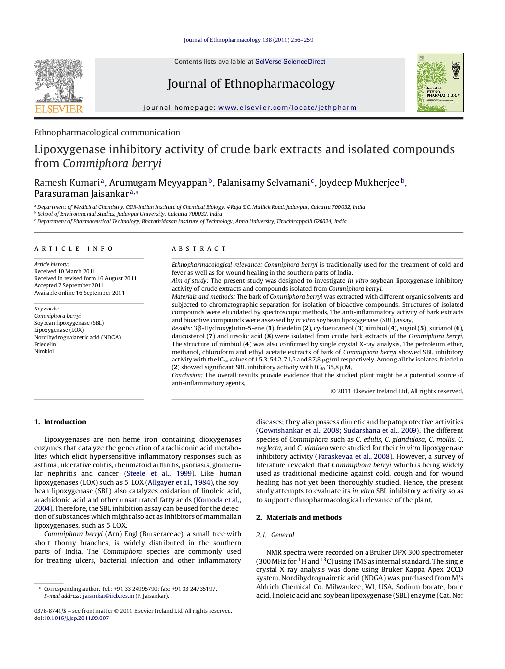 Lipoxygenase inhibitory activity of crude bark extracts and isolated compounds from Commiphora berryi