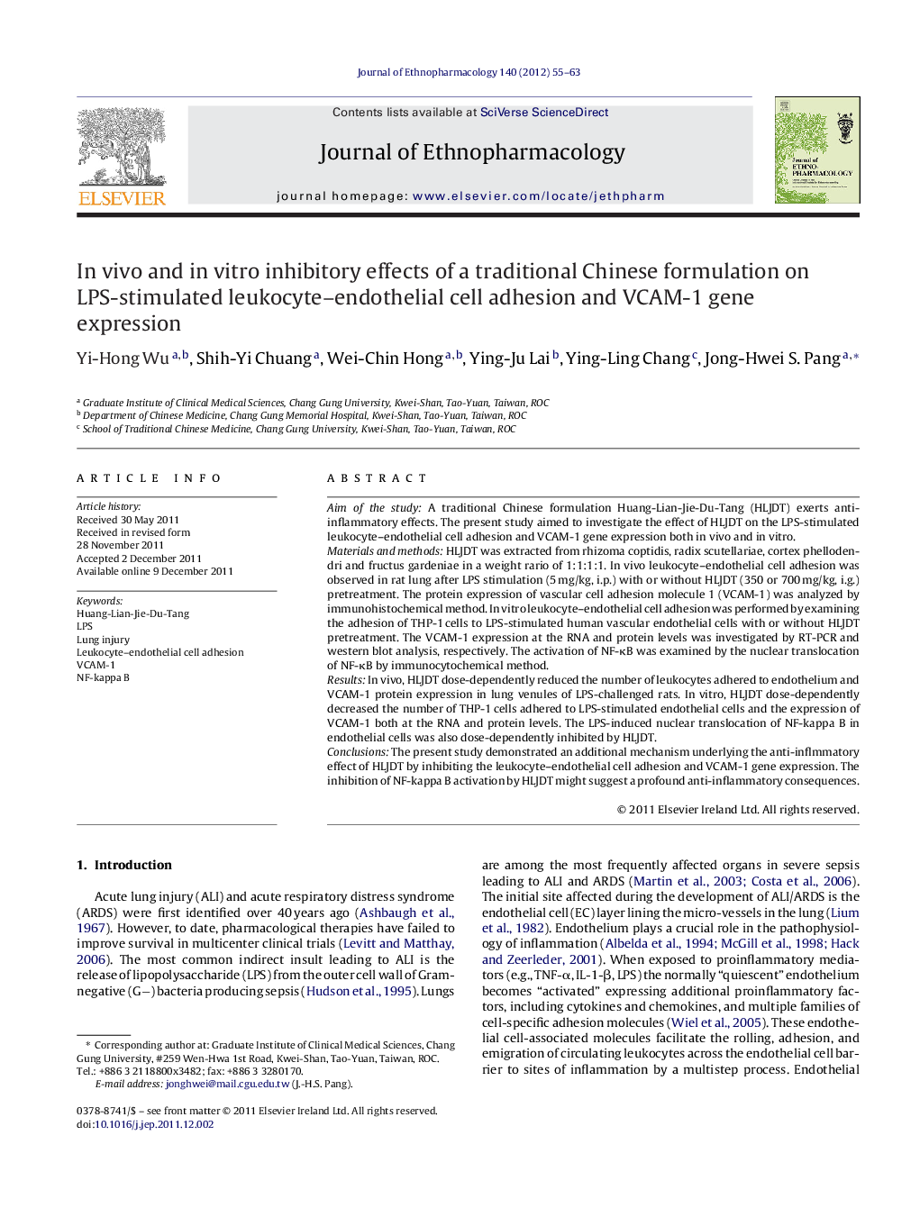 In vivo and in vitro inhibitory effects of a traditional Chinese formulation on LPS-stimulated leukocyte-endothelial cell adhesion and VCAM-1 gene expression