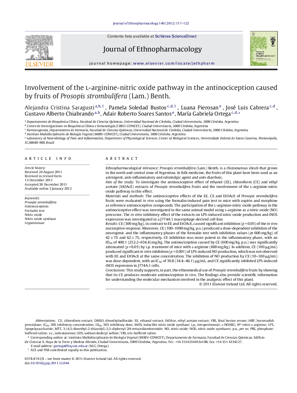 Involvement of the l-arginine-nitric oxide pathway in the antinociception caused by fruits of Prosopis strombulifera (Lam.) Benth.