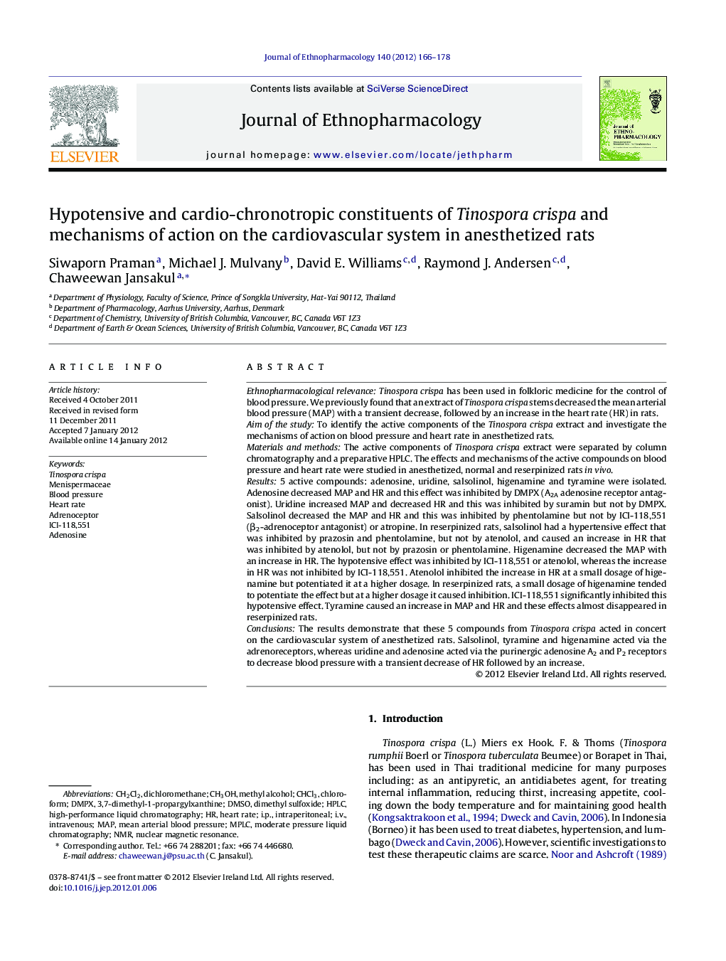 Hypotensive and cardio-chronotropic constituents of Tinospora crispa and mechanisms of action on the cardiovascular system in anesthetized rats