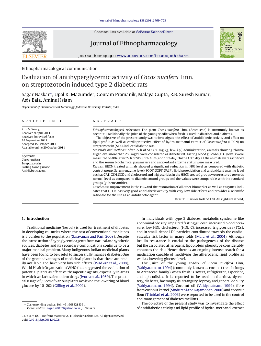 Ethnopharmacological communicationEvaluation of antihyperglycemic activity of Cocos nucifera Linn. on streptozotocin induced type 2 diabetic rats