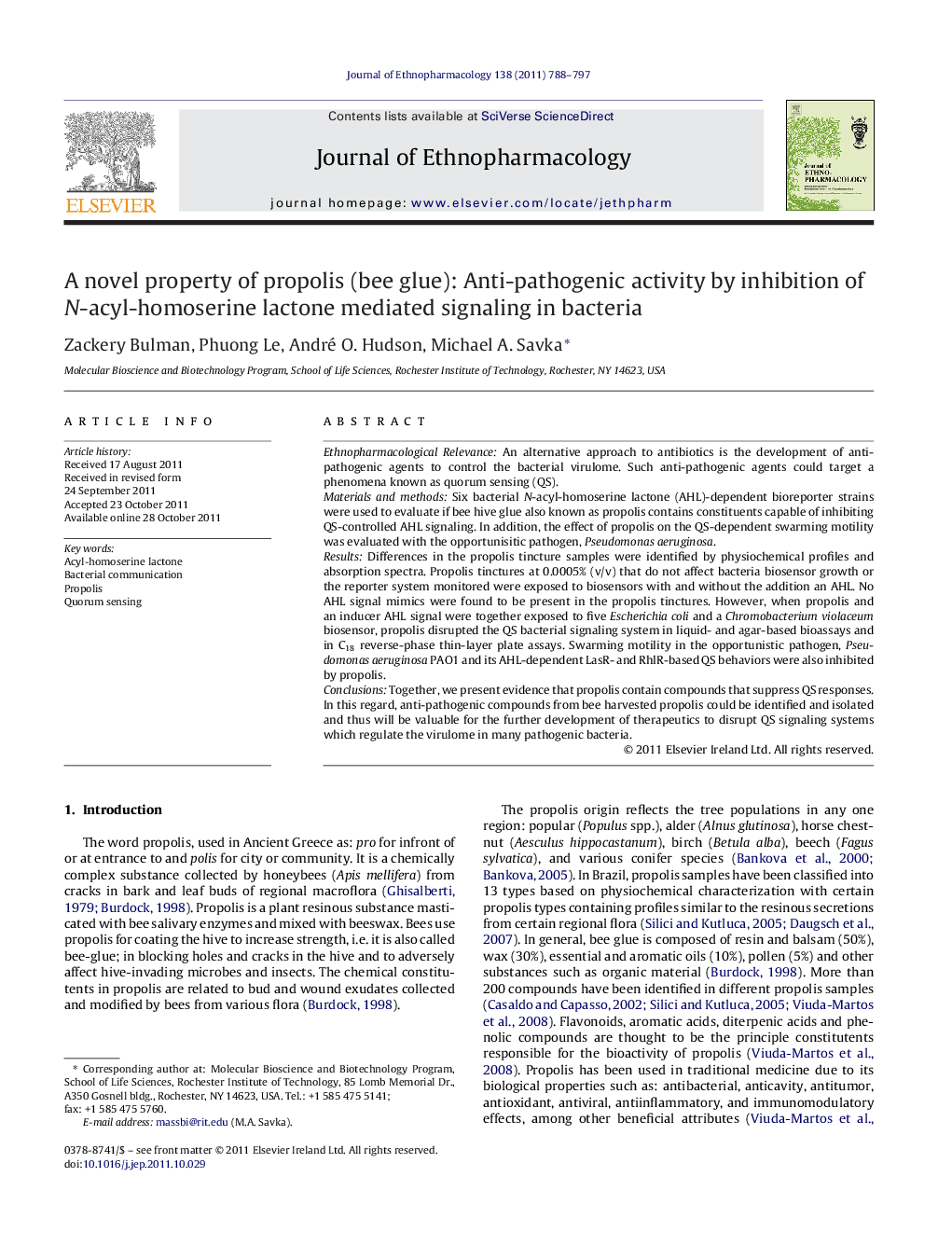 A novel property of propolis (bee glue): Anti-pathogenic activity by inhibition of N-acyl-homoserine lactone mediated signaling in bacteria