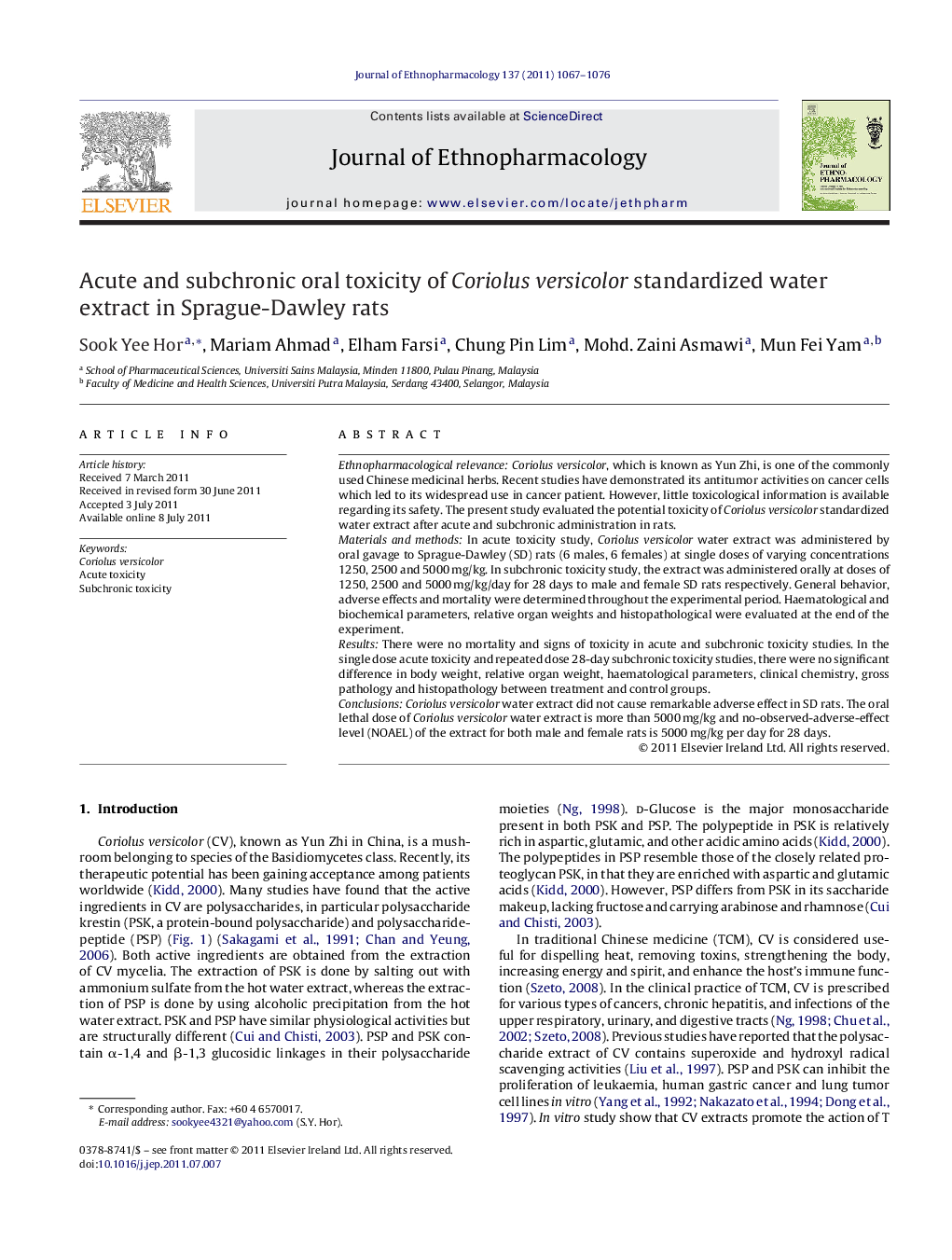 Acute and subchronic oral toxicity of Coriolus versicolor standardized water extract in Sprague-Dawley rats