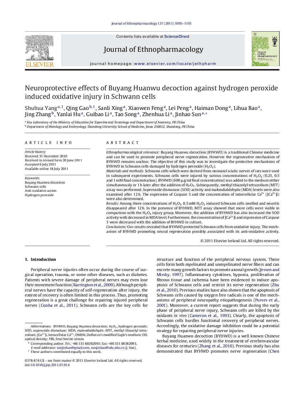 Neuroprotective effects of Buyang Huanwu decoction against hydrogen peroxide induced oxidative injury in Schwann cells