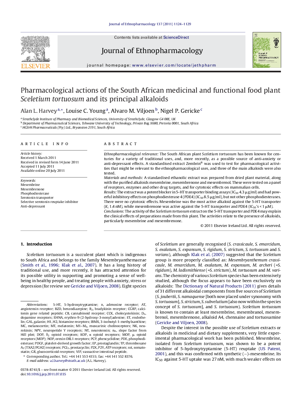 Pharmacological actions of the South African medicinal and functional food plant Sceletium tortuosum and its principal alkaloids