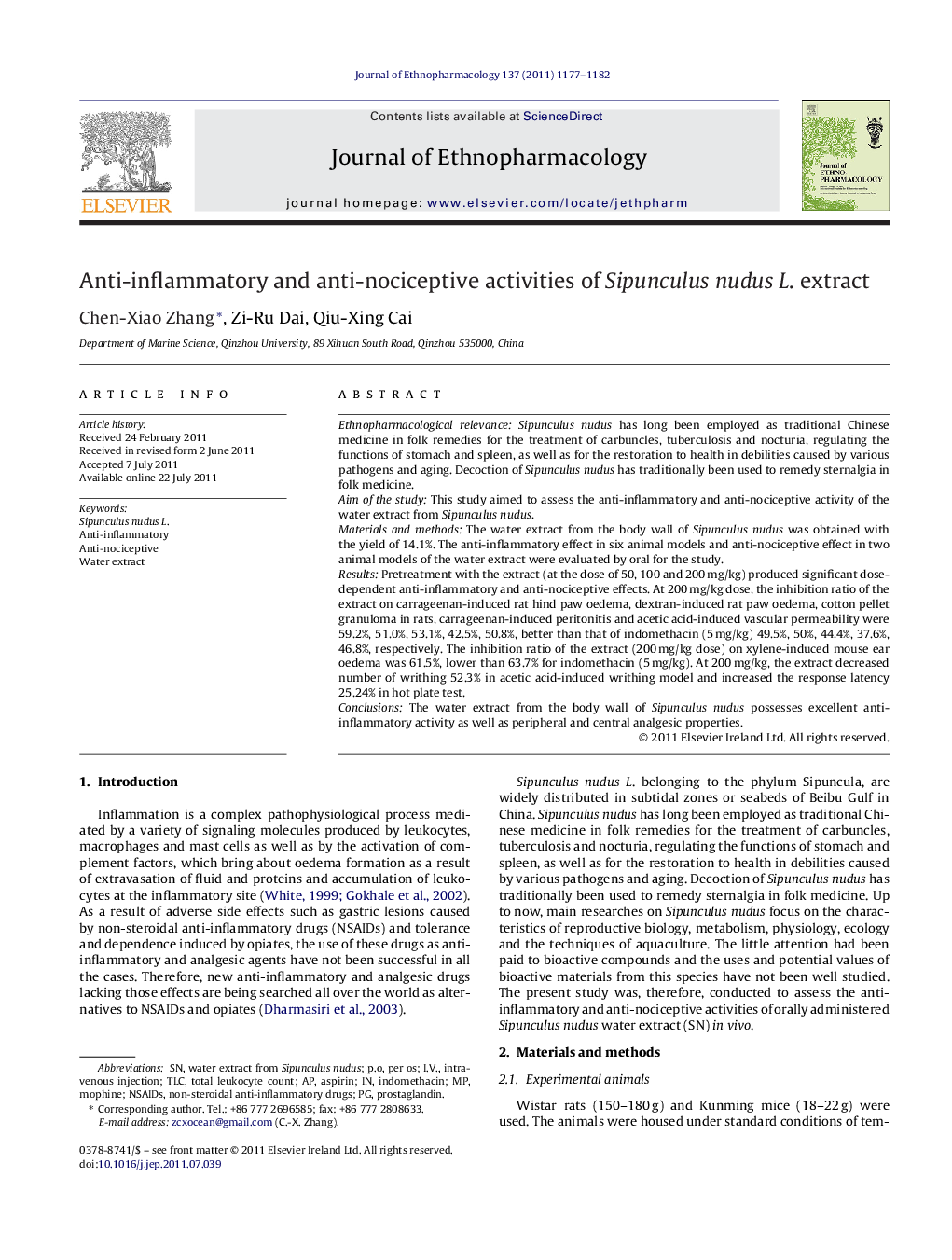 Anti-inflammatory and anti-nociceptive activities of Sipunculus nudus L. extract