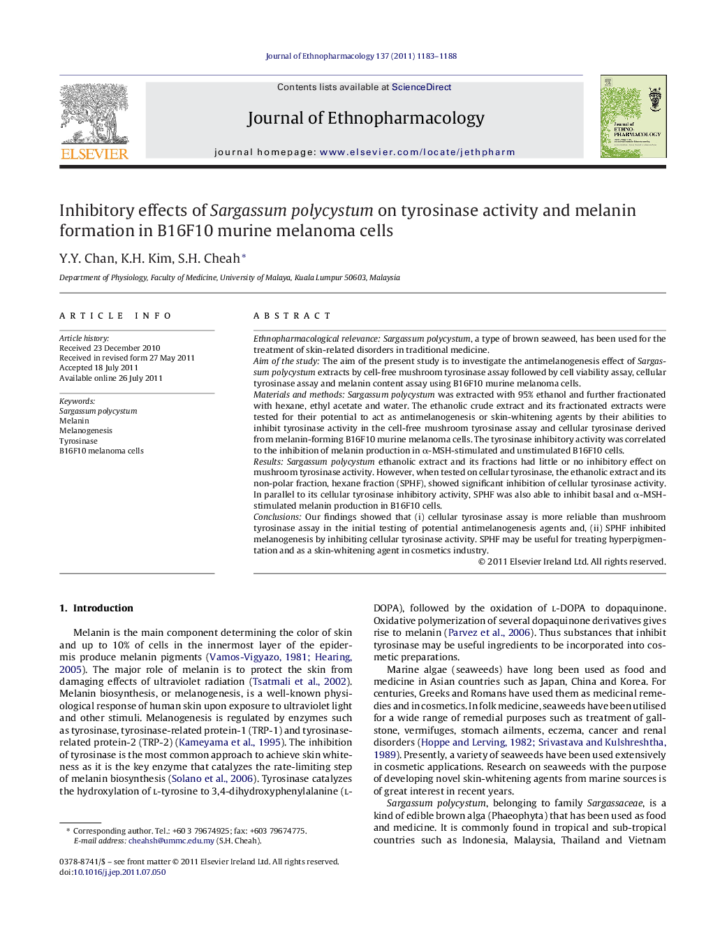 Inhibitory effects of Sargassum polycystum on tyrosinase activity and melanin formation in B16F10 murine melanoma cells