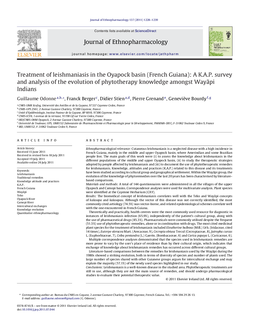 Treatment of leishmaniasis in the Oyapock basin (French Guiana): A K.A.P. survey and analysis of the evolution of phytotherapy knowledge amongst WayÃ£pi Indians