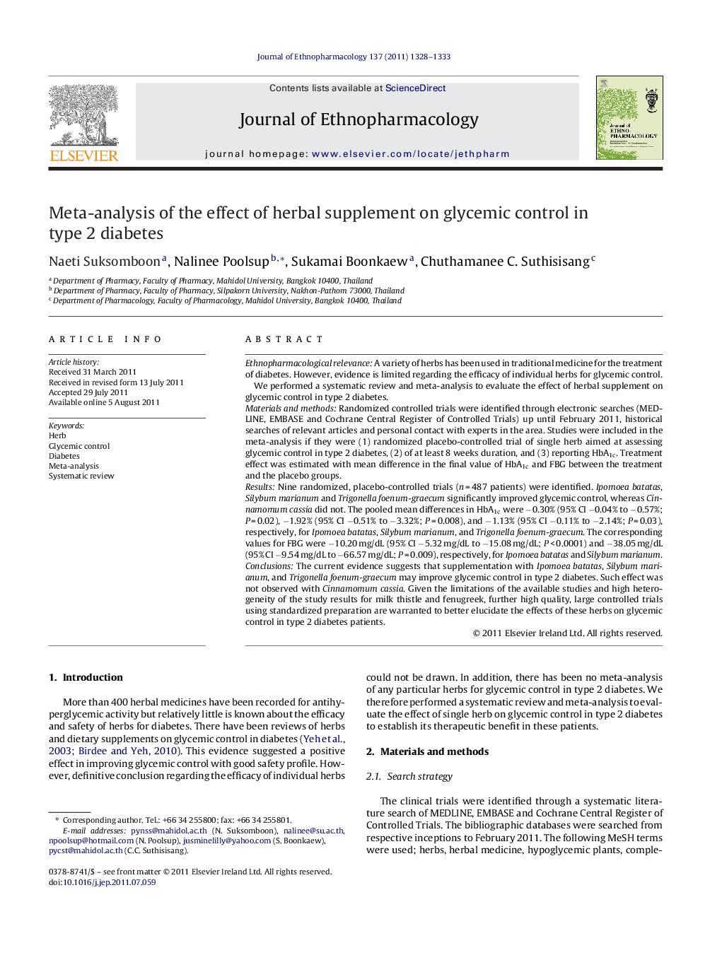 Meta-analysis of the effect of herbal supplement on glycemic control in type 2 diabetes