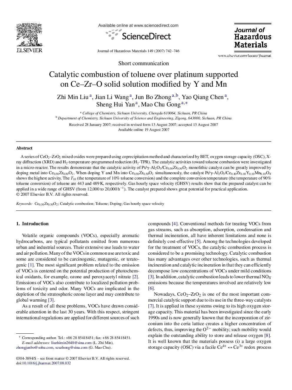 Catalytic combustion of toluene over platinum supported on Ce-Zr-O solid solution modified by Y and Mn