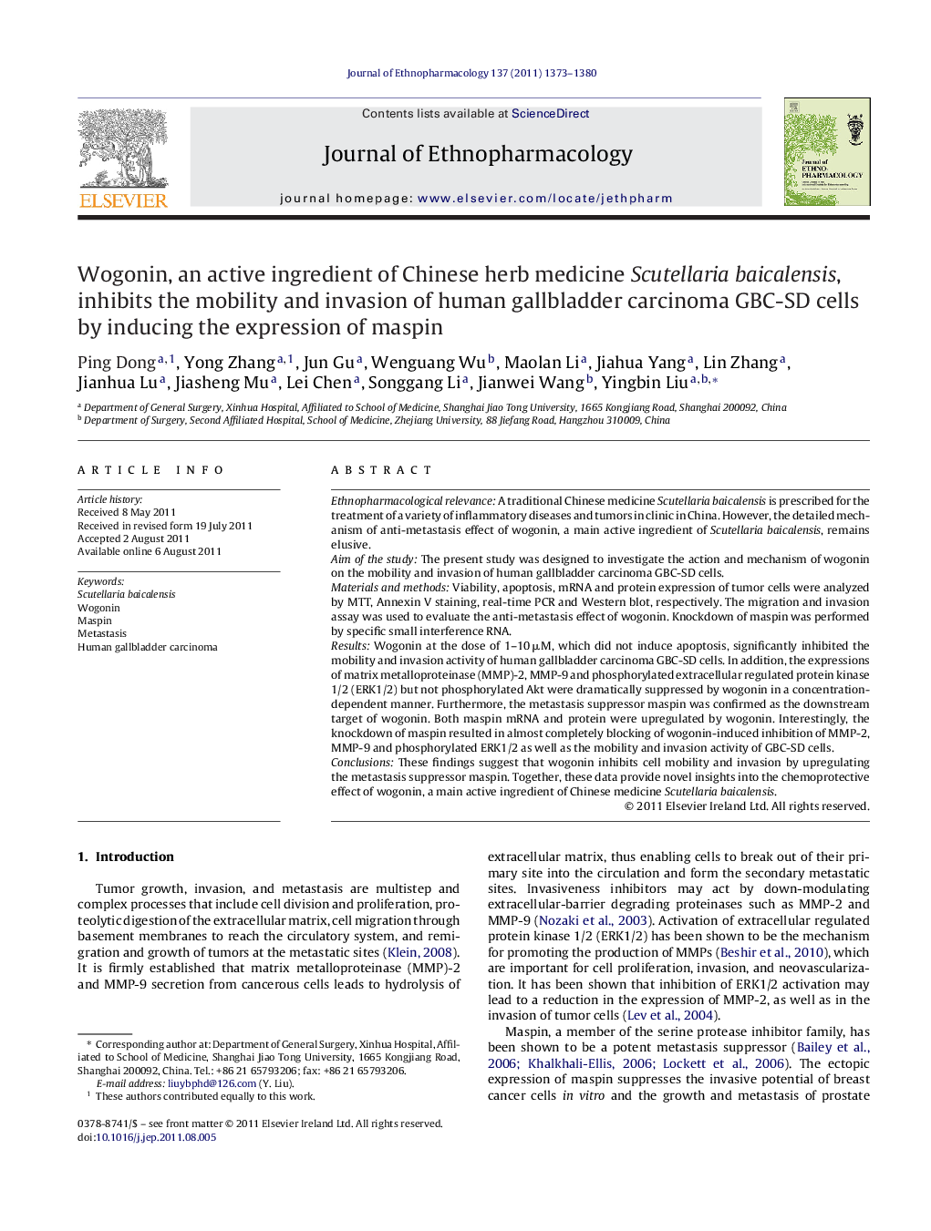 Wogonin, an active ingredient of Chinese herb medicine Scutellaria baicalensis, inhibits the mobility and invasion of human gallbladder carcinoma GBC-SD cells by inducing the expression of maspin