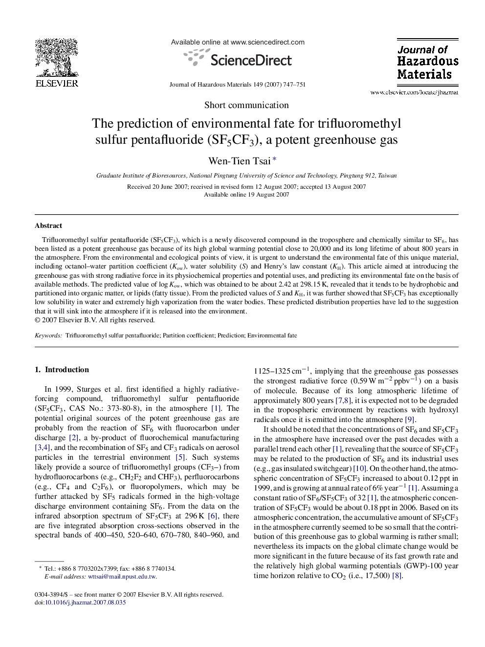 The prediction of environmental fate for trifluoromethyl sulfur pentafluoride (SF5CF3), a potent greenhouse gas