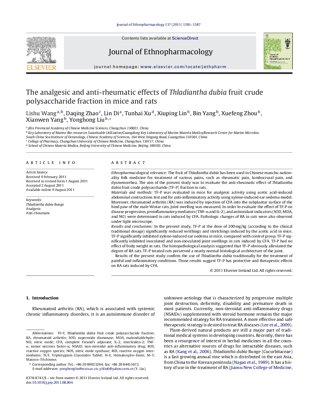 The analgesic and anti-rheumatic effects of Thladiantha dubia fruit crude polysaccharide fraction in mice and rats