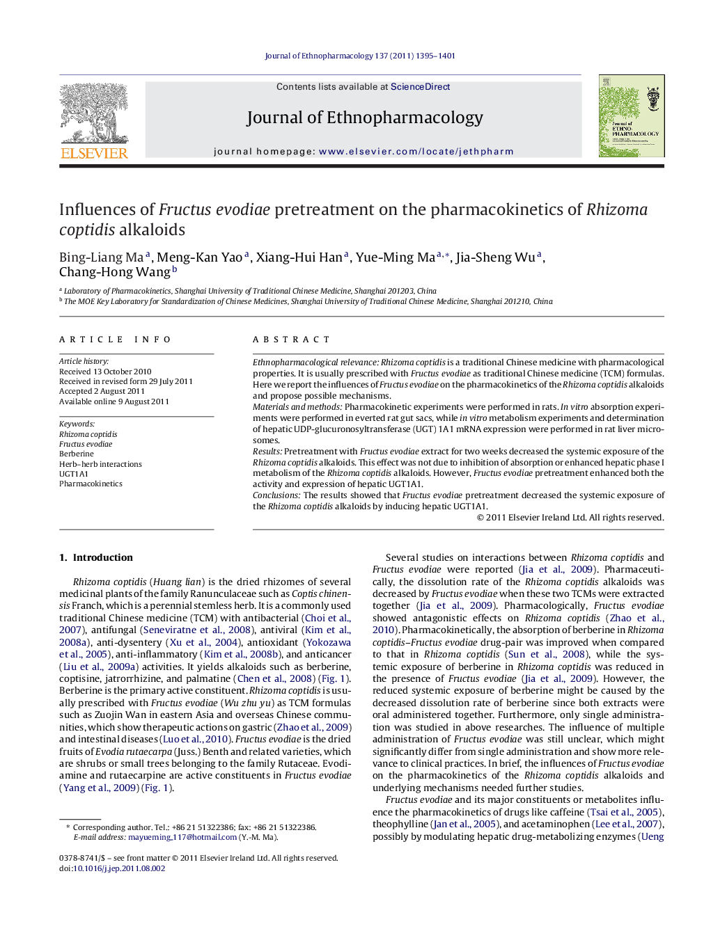 Influences of Fructus evodiae pretreatment on the pharmacokinetics of Rhizoma coptidis alkaloids