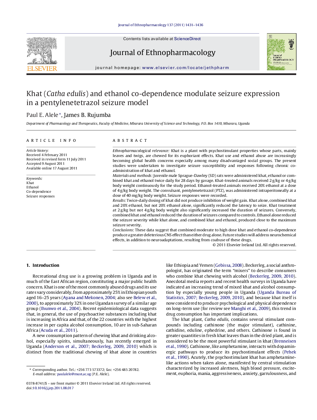 Khat (Catha edulis) and ethanol co-dependence modulate seizure expression in a pentylenetetrazol seizure model