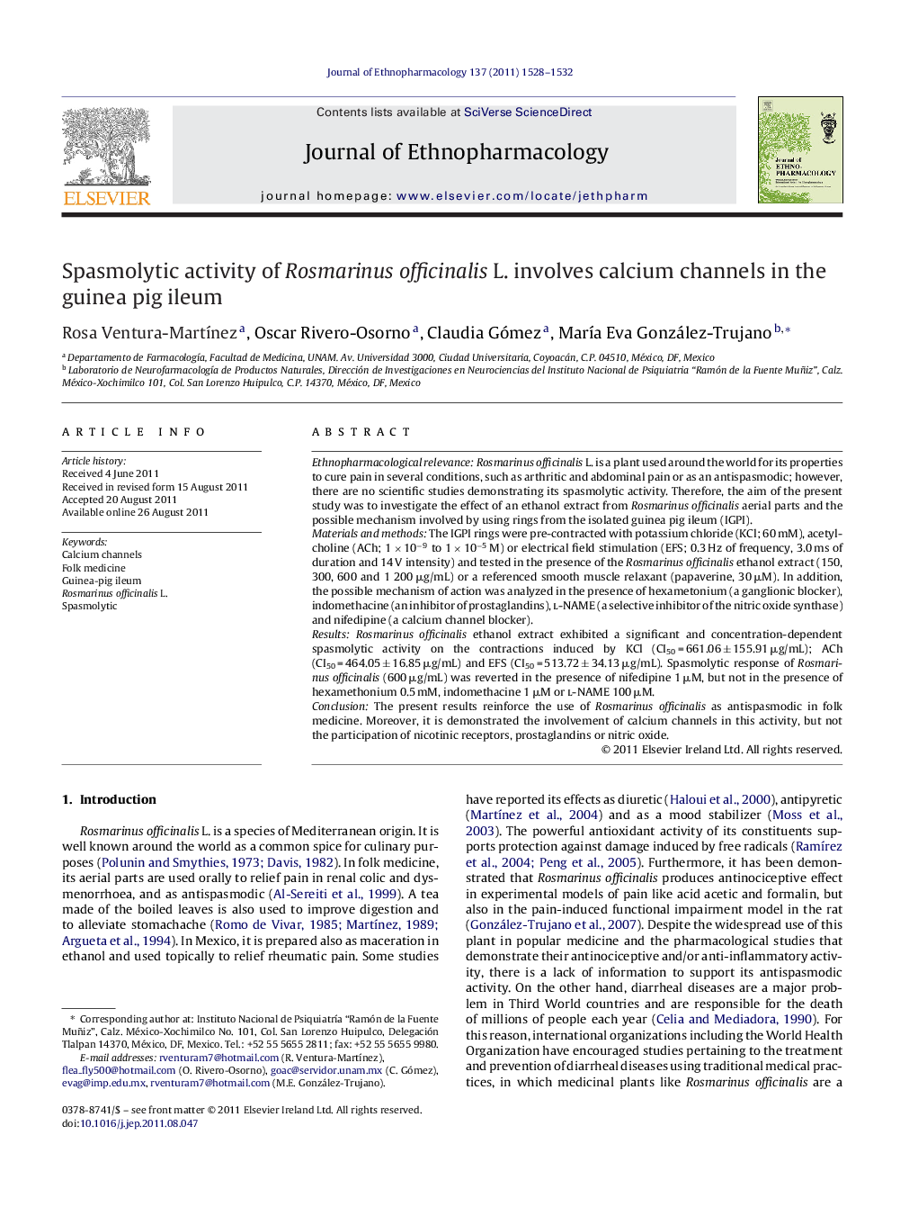 Spasmolytic activity of Rosmarinus officinalis L. involves calcium channels in the guinea pig ileum