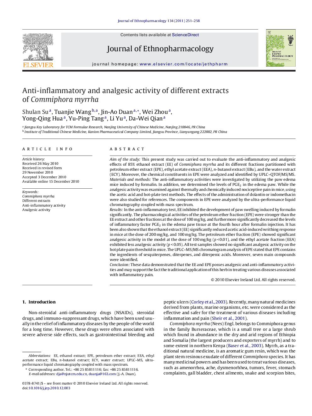 Anti-inflammatory and analgesic activity of different extracts of Commiphora myrrha