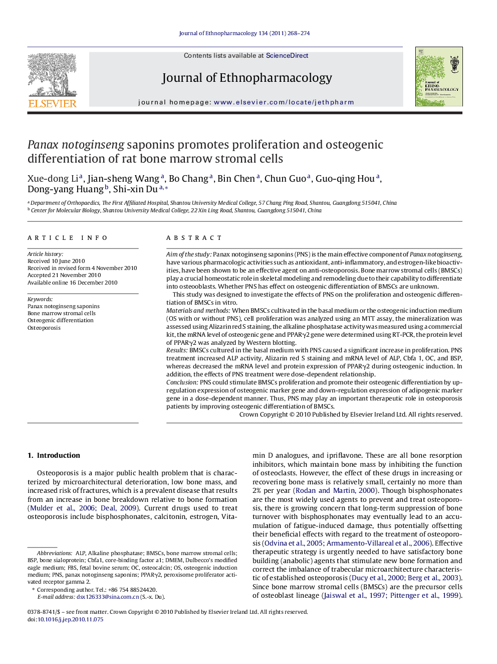 Panax notoginseng saponins promotes proliferation and osteogenic differentiation of rat bone marrow stromal cells