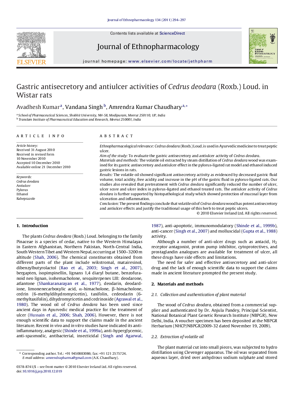 Gastric antisecretory and antiulcer activities of Cedrus deodara (Roxb.) Loud. in Wistar rats