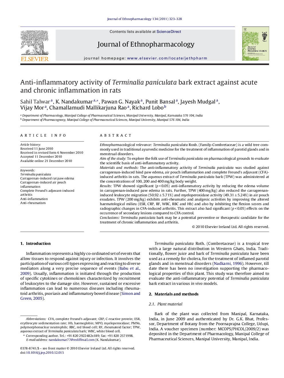 Anti-inflammatory activity of Terminalia paniculata bark extract against acute and chronic inflammation in rats