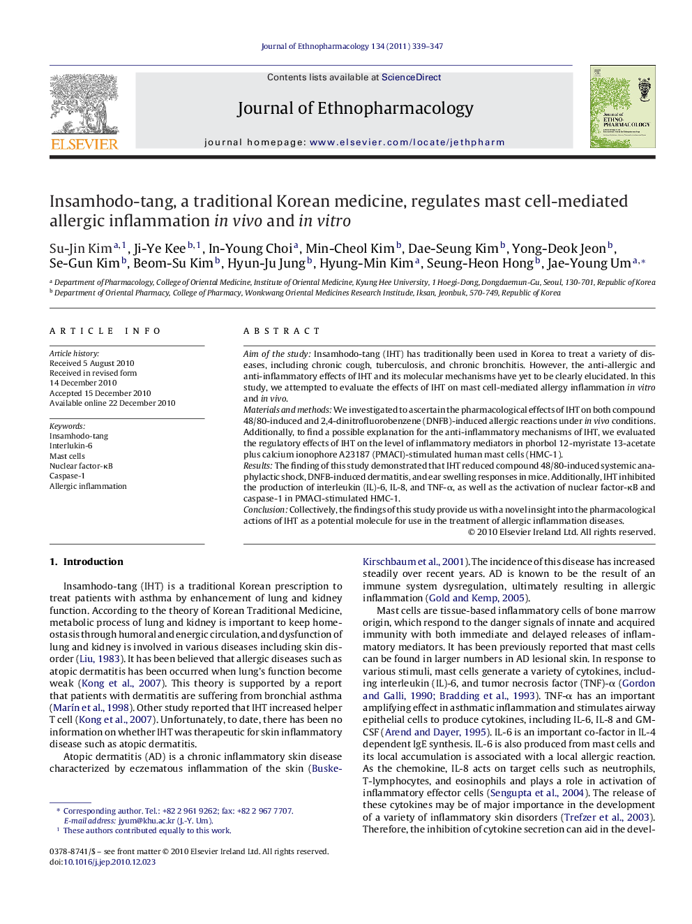 Insamhodo-tang, a traditional Korean medicine, regulates mast cell-mediated allergic inflammation in vivo and in vitro