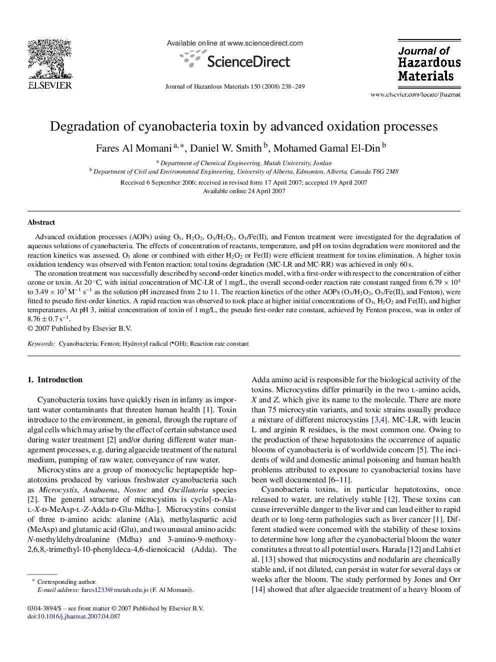 Degradation of cyanobacteria toxin by advanced oxidation processes