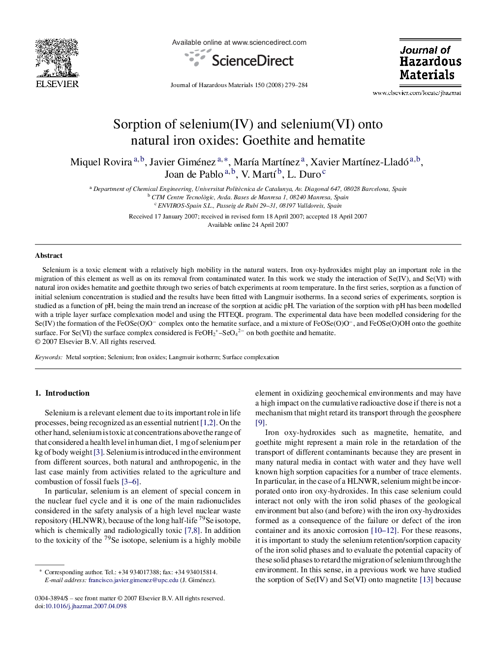 Sorption of selenium(IV) and selenium(VI) onto natural iron oxides: Goethite and hematite