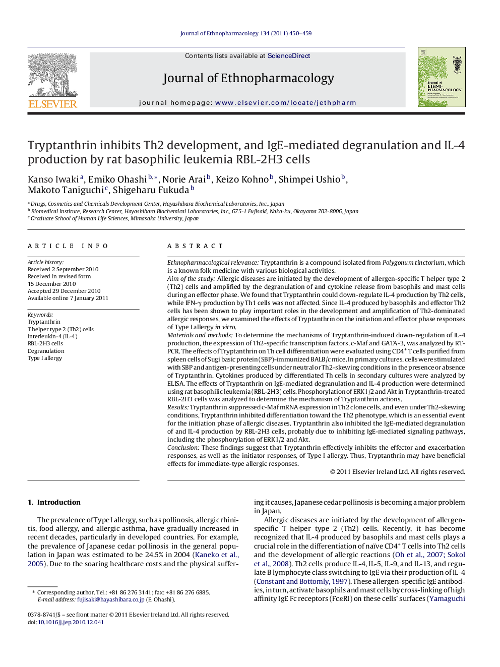 Tryptanthrin inhibits Th2 development, and IgE-mediated degranulation and IL-4 production by rat basophilic leukemia RBL-2H3 cells