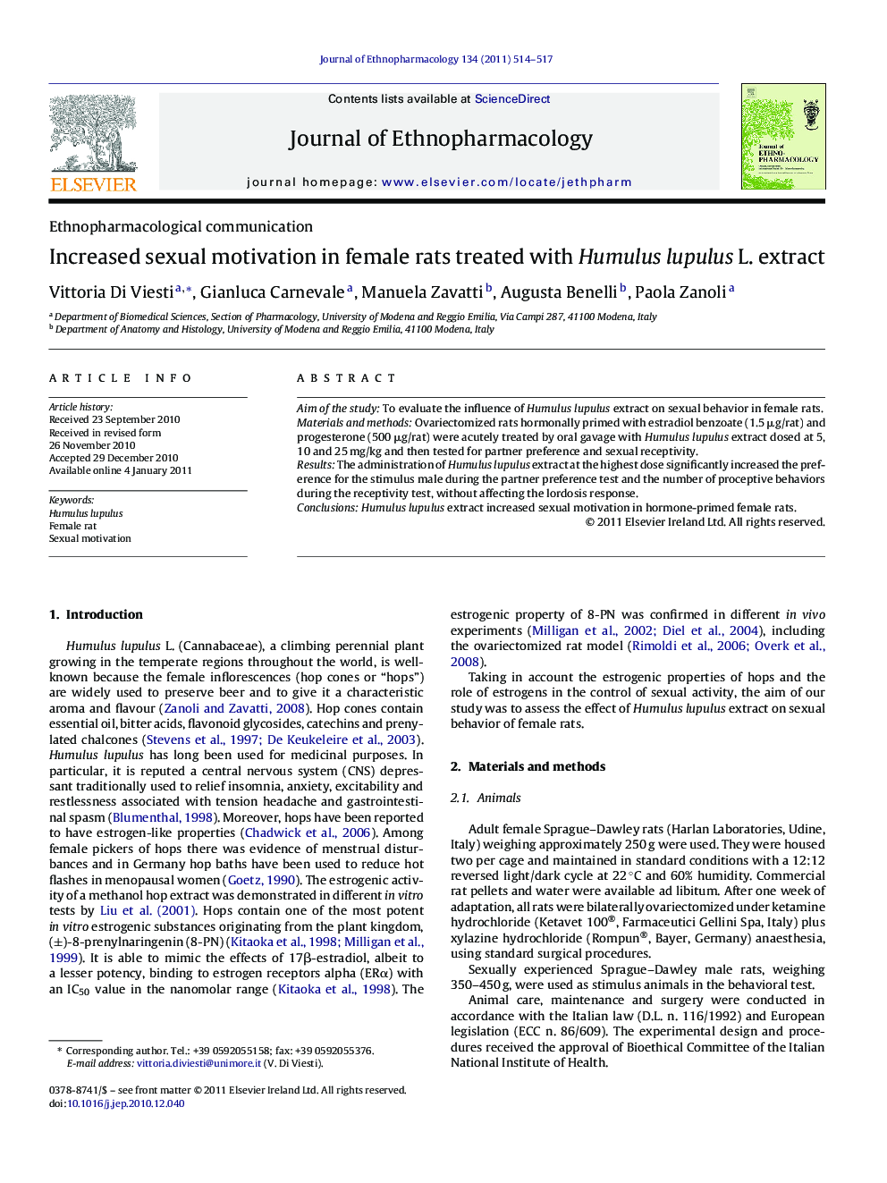 Increased sexual motivation in female rats treated with Humulus lupulus L. extract