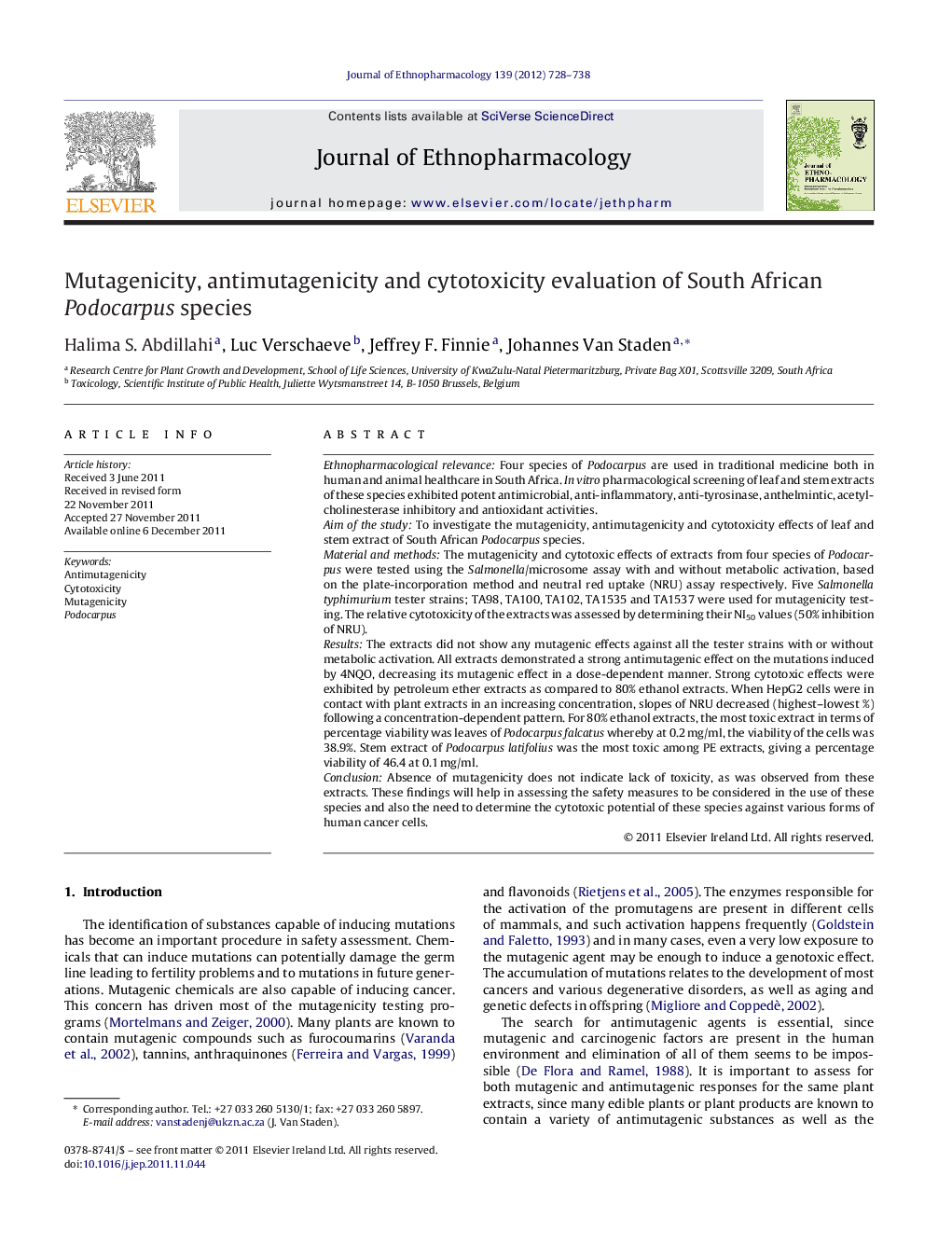 Mutagenicity, antimutagenicity and cytotoxicity evaluation of South African Podocarpus species