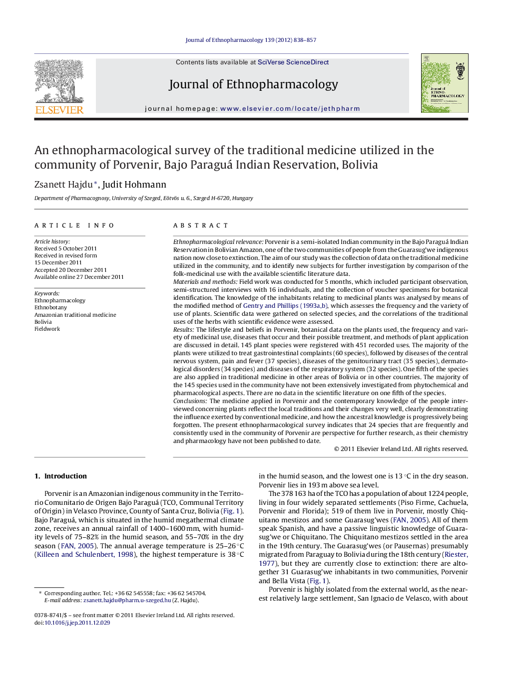 An ethnopharmacological survey of the traditional medicine utilized in the community of Porvenir, Bajo Paraguá Indian Reservation, Bolivia