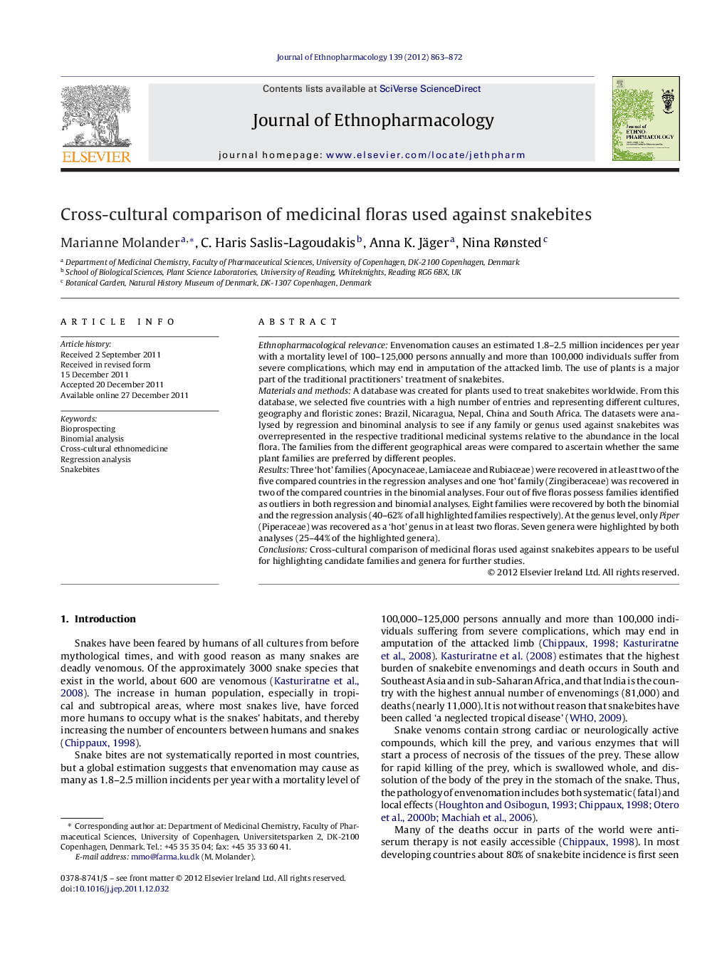 Cross-cultural comparison of medicinal floras used against snakebites