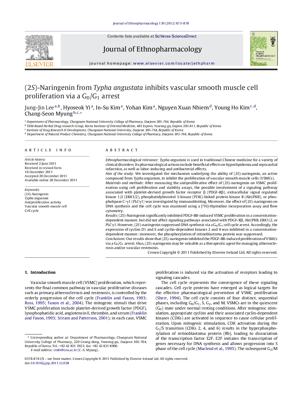 (2S)-Naringenin from Typha angustata inhibits vascular smooth muscle cell proliferation via a G0/G1 arrest