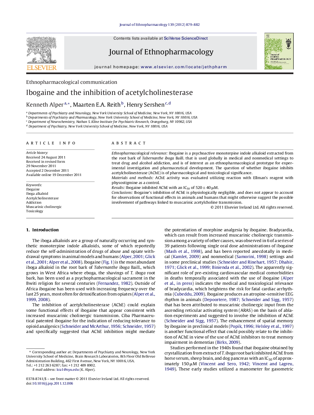 Ethnopharmacological communicationIbogaine and the inhibition of acetylcholinesterase