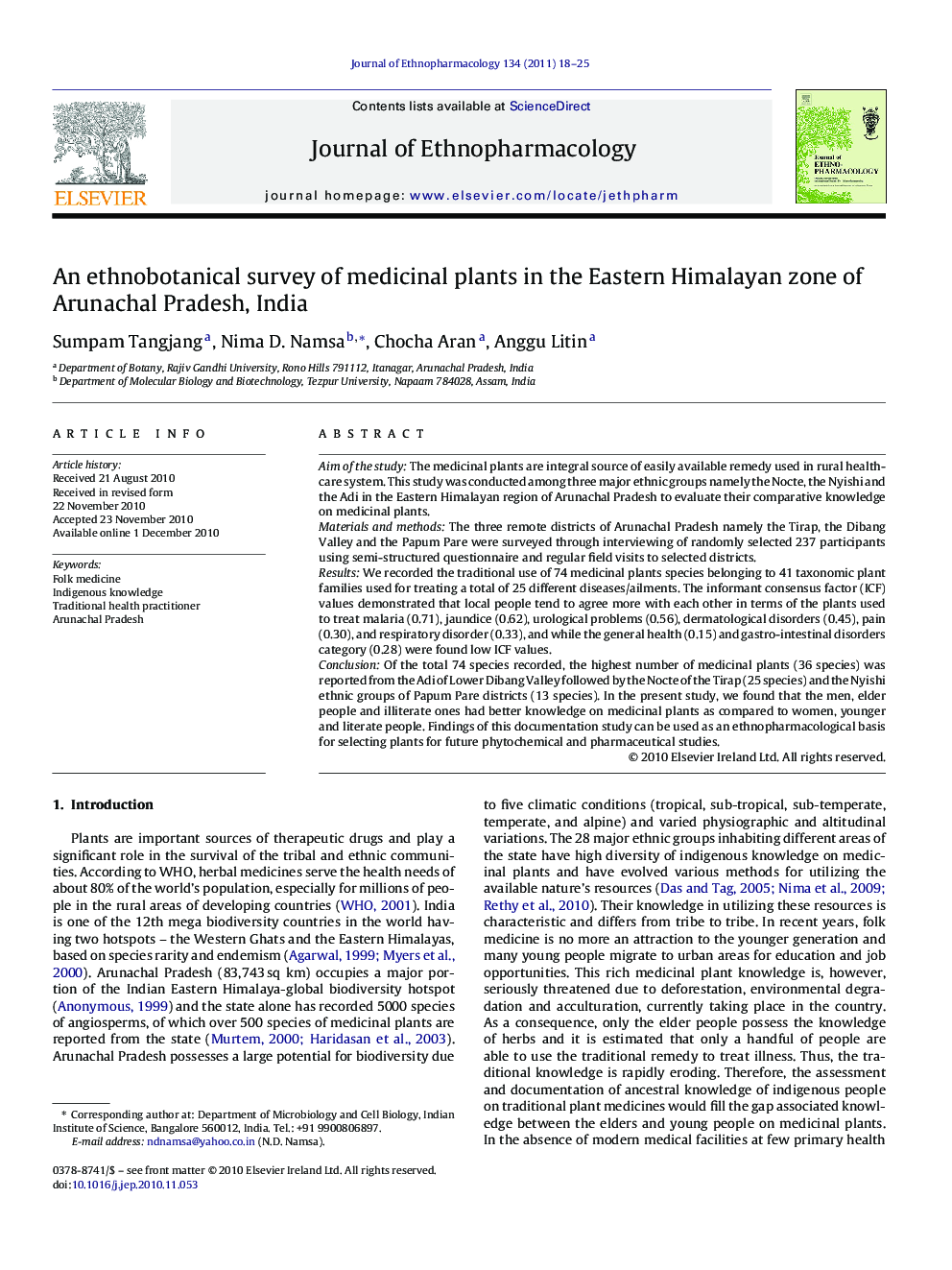 An ethnobotanical survey of medicinal plants in the Eastern Himalayan zone of Arunachal Pradesh, India