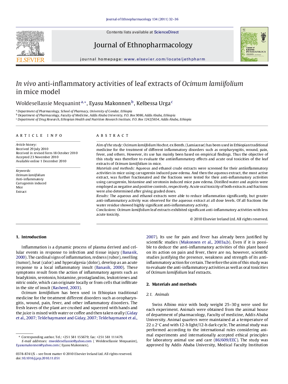 In vivo anti-inflammatory activities of leaf extracts of Ocimum lamiifolium in mice model