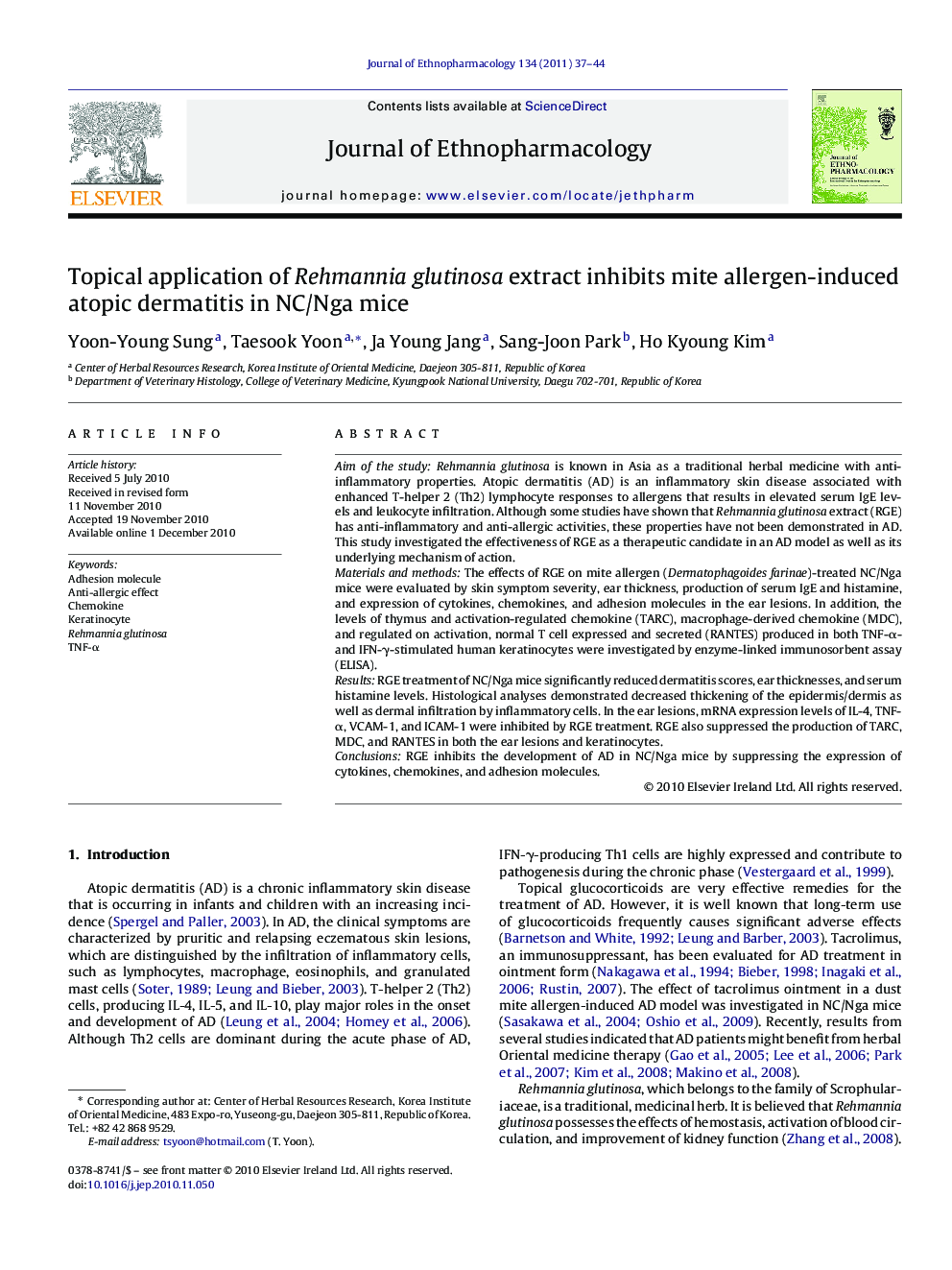 Topical application of Rehmannia glutinosa extract inhibits mite allergen-induced atopic dermatitis in NC/Nga mice