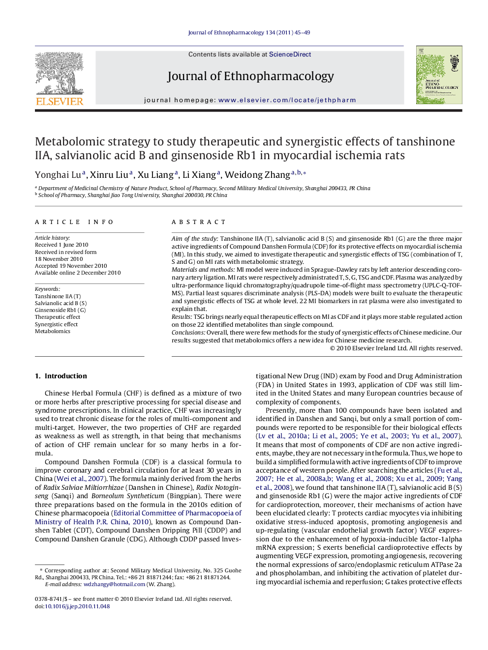 Metabolomic strategy to study therapeutic and synergistic effects of tanshinone IIA, salvianolic acid B and ginsenoside Rb1 in myocardial ischemia rats