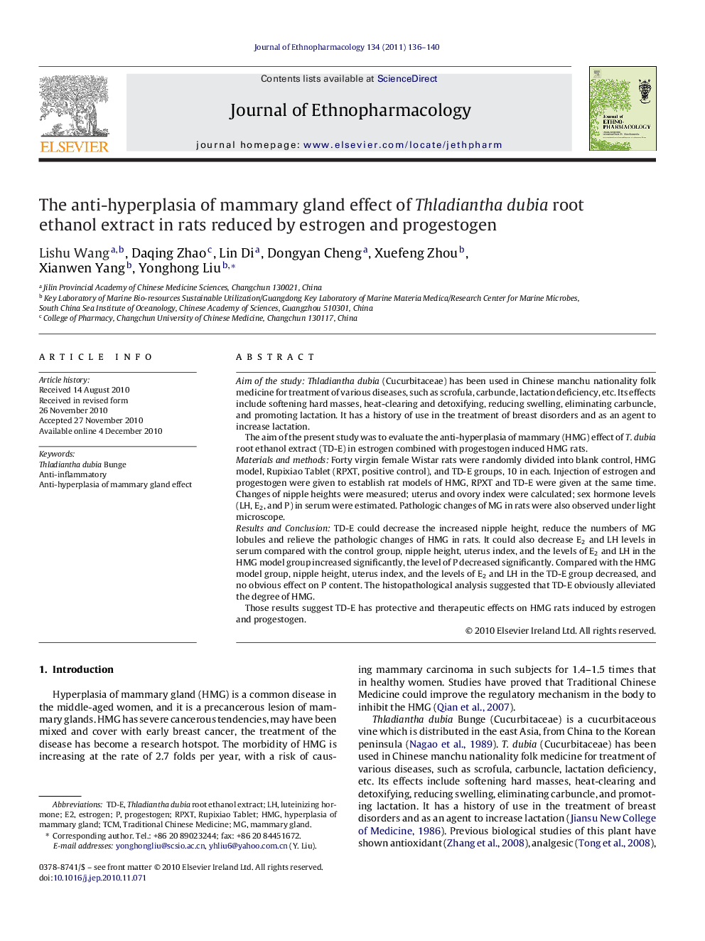 The anti-hyperplasia of mammary gland effect of Thladiantha dubia root ethanol extract in rats reduced by estrogen and progestogen