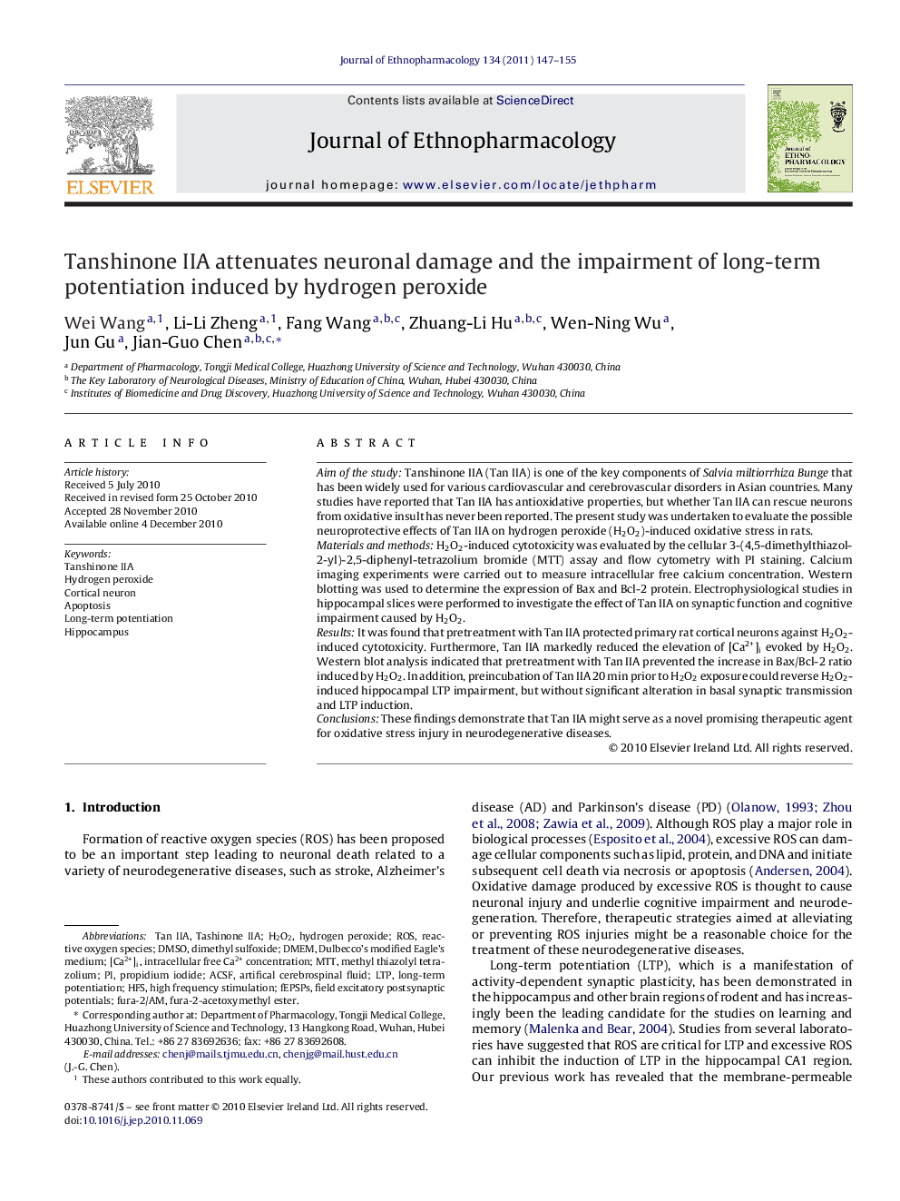 Tanshinone IIA attenuates neuronal damage and the impairment of long-term potentiation induced by hydrogen peroxide