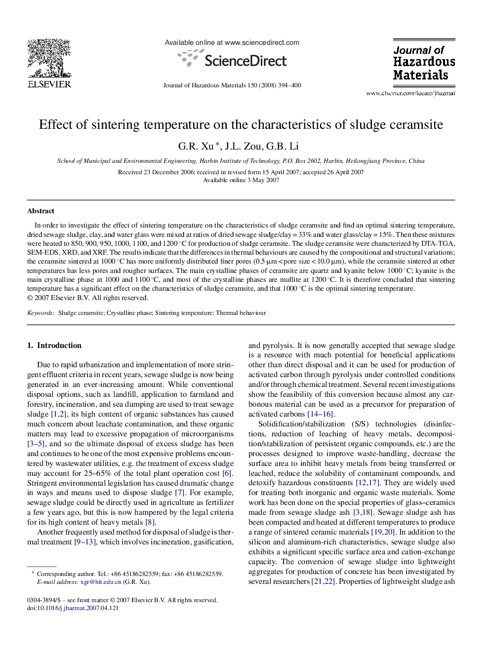 Effect of sintering temperature on the characteristics of sludge ceramsite