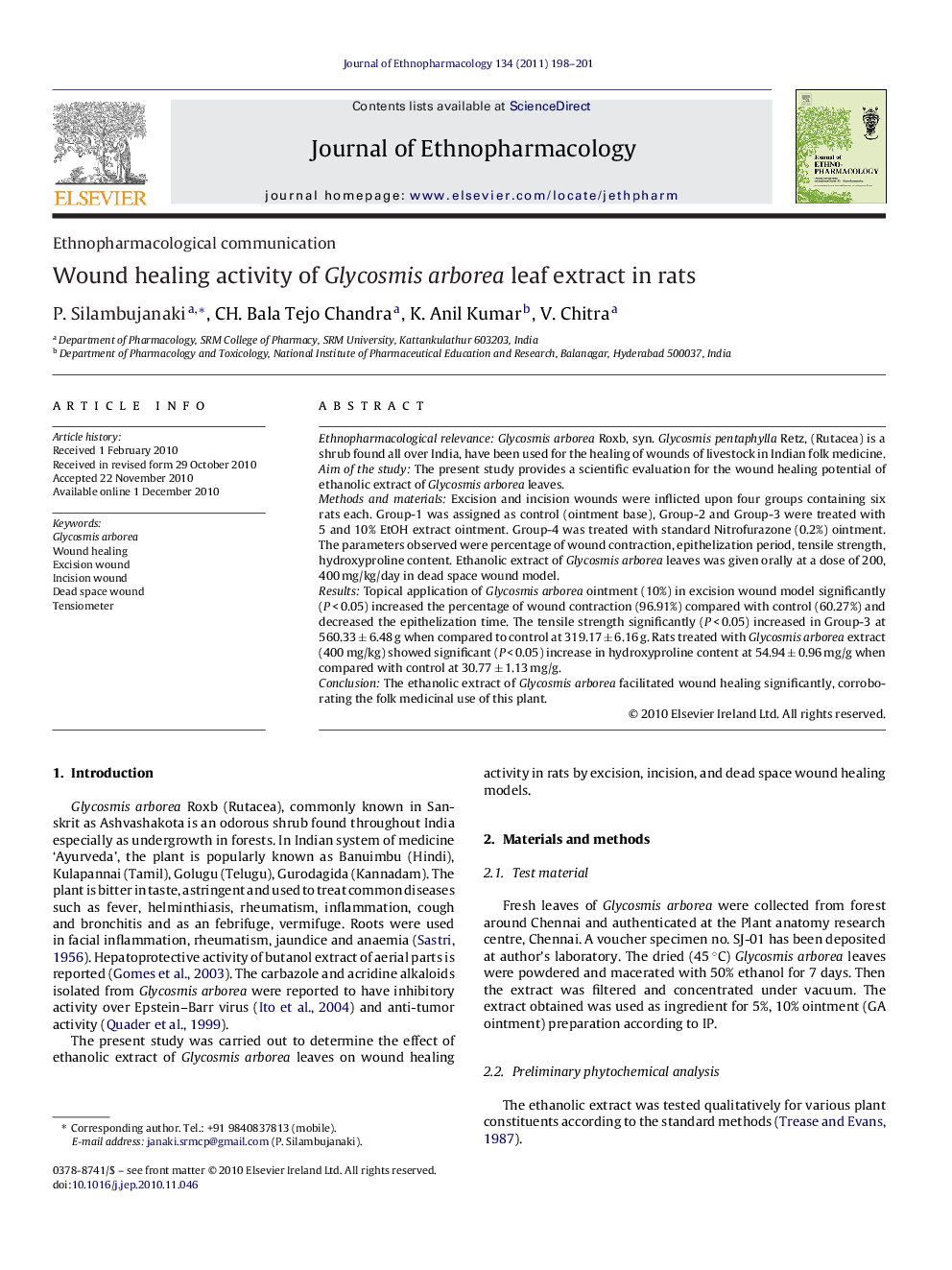 Ethnopharmacological communicationWound healing activity of Glycosmis arborea leaf extract in rats