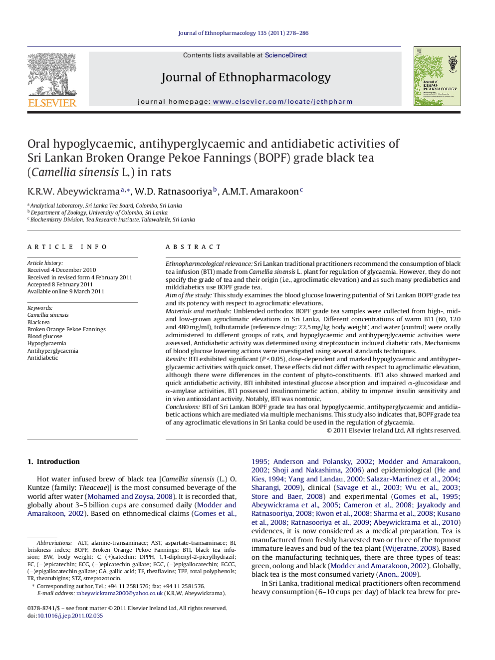 Oral hypoglycaemic, antihyperglycaemic and antidiabetic activities of Sri Lankan Broken Orange Pekoe Fannings (BOPF) grade black tea (Camellia sinensis L.) in rats