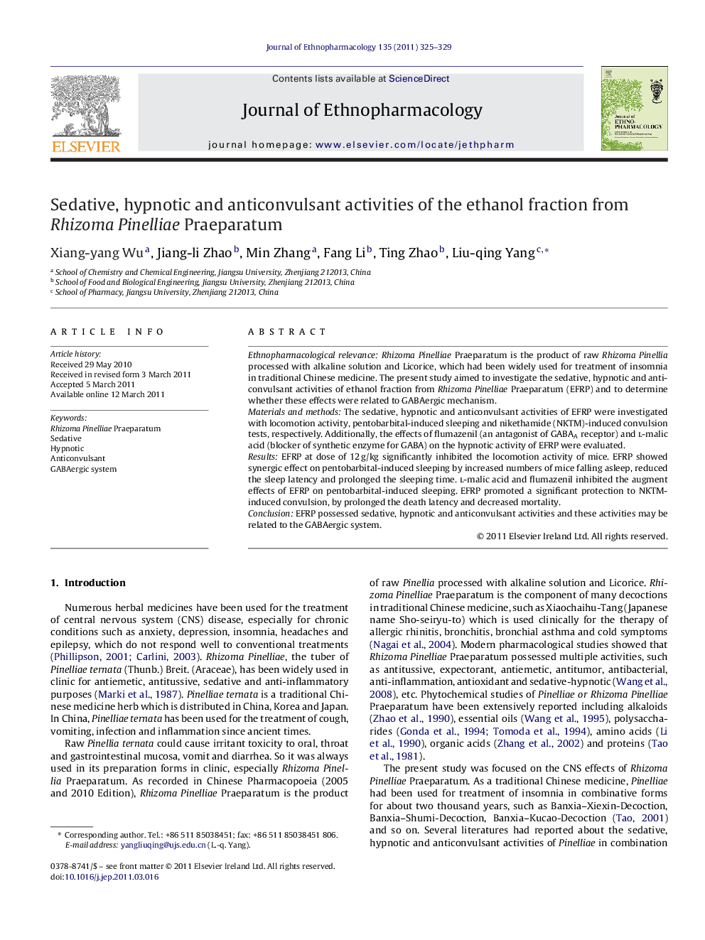 Sedative, hypnotic and anticonvulsant activities of the ethanol fraction from Rhizoma Pinelliae Praeparatum