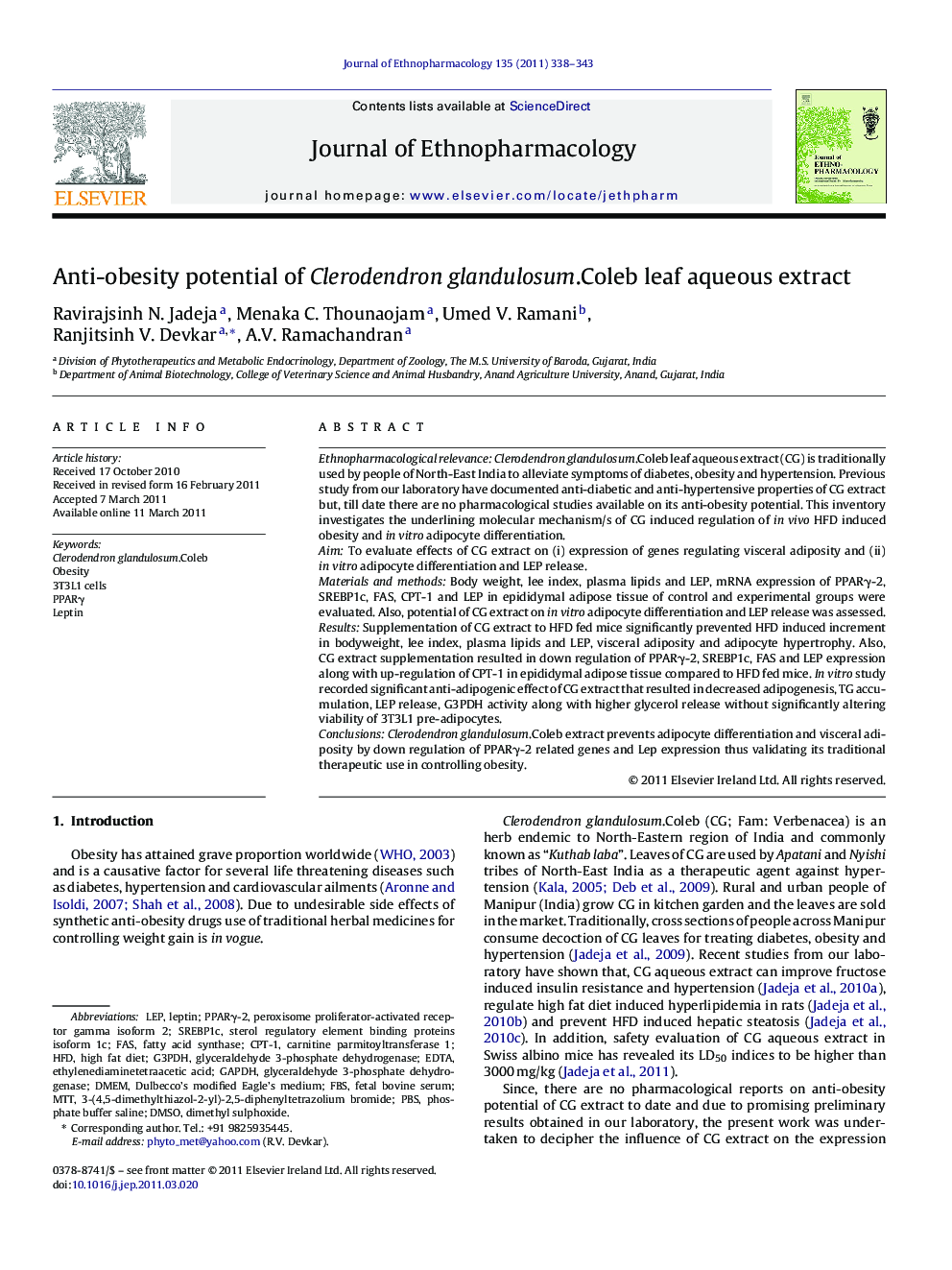 Anti-obesity potential of Clerodendron glandulosum.Coleb leaf aqueous extract